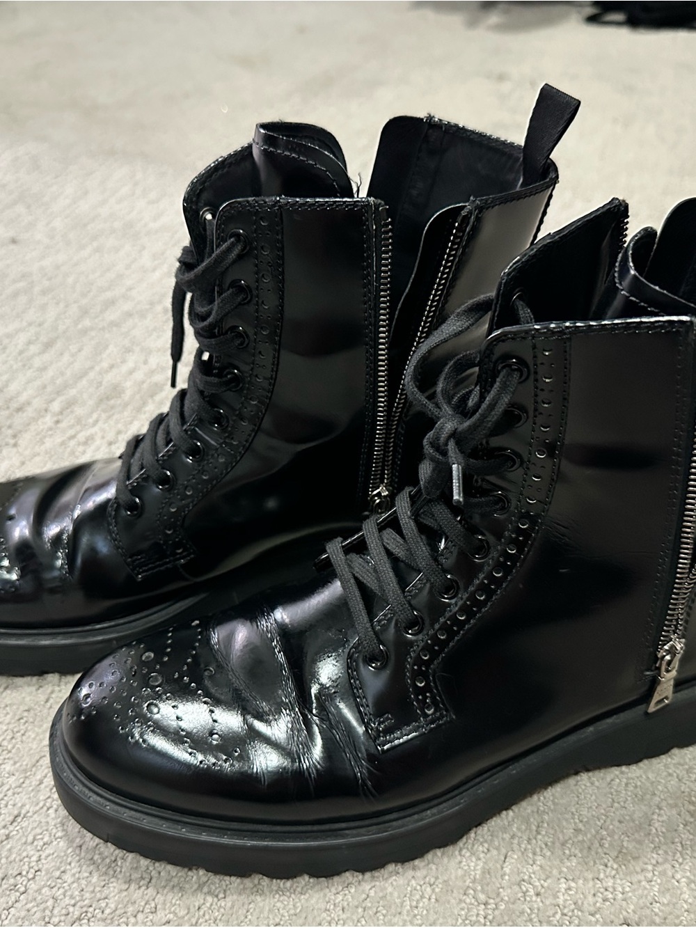 Prada Women’s Black Patent Lace-Up Wingtip Combat Boots - Picture 2 of 6